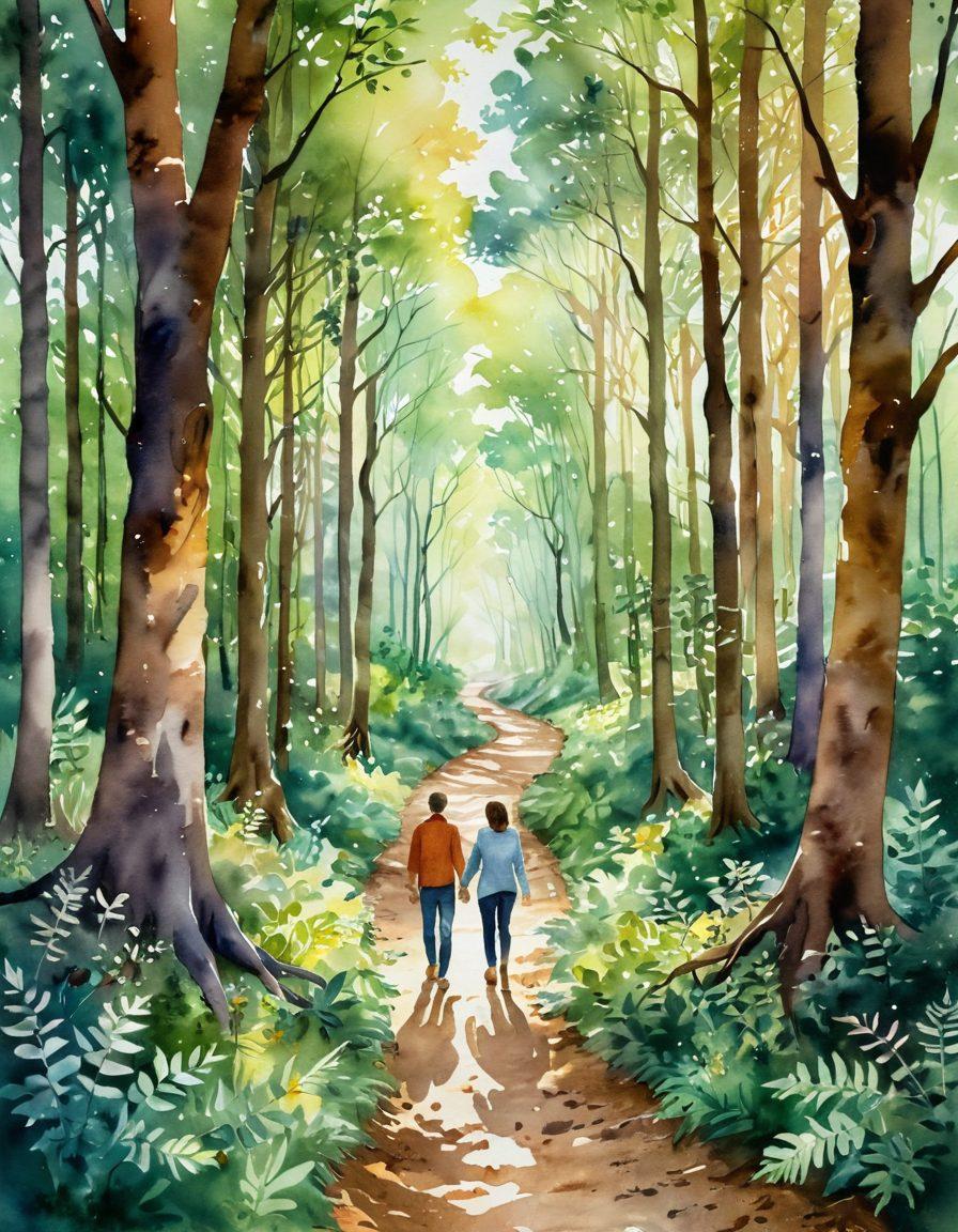 A serene path winding through a lush, vibrant forest, symbolizing the journey of deeper connections in relationships. Soft light filters through the trees, casting gentle shadows, while intertwined hearts float above the path, representing affection and trust. In the foreground, a pair of diverse hands gently holding each other, showcasing unity and connection. dreamlike, watercolor painting, warm colors.