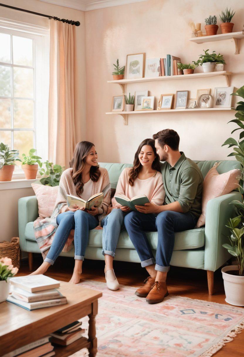 A warm, cozy living room scene featuring a diverse couple sitting together, deep in conversation with soft smiles, surrounded by elements that symbolize shared experiences like books, photos, and cozy blankets. The atmosphere is inviting and intimate, with soft lighting creating a sense of tranquility. Heart-shaped decor and plants add a touch of warmth and connection. watercolor style. soft pastel colors. cozy ambiance.